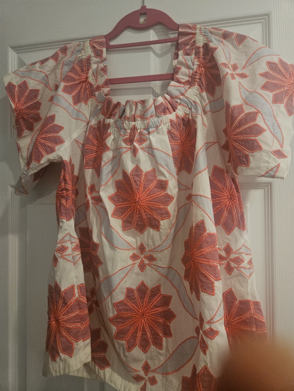 White Peasant Top with Orange Floral Embroidery